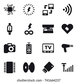 16 vector icon set : chip, lightning, notebook connect, wireless, smartwatch, infinity power, market scales, camera, remote control, tv, hair dryer