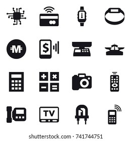 16 vector icon set : chip, tap to pay, smartwatch, smart bracelet, crypto currency, mobile pay, market scales, scales, calculator, camera, remote control, intercome, tv