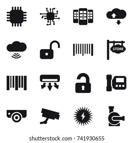 16 vector icon set : chip, server, cloude service, cloud wireless, unlock, barcode, store signboard, air conditioning, unlocked, intercome, surveillance camera, water pump