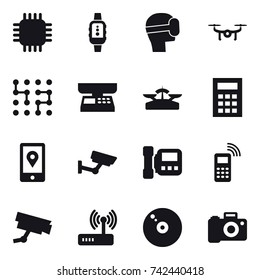 16 vector icon set : chip, smartwatch, virtual mask, drone, market scales, scales, calculator, surveillance, intercome