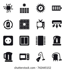 16 vector icon set : chip, sun power, battery, battery charge, cpu, tv, air conditioning, power socket, power switch, kettle, vacuum cleaner