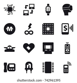 16 vector icon set : chip, notebook connect, smartwatch, virtual mask, crypto currency, infinity power, cpu, mobile pay, scales, atm, remote control, intercome