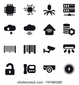 16 vector icon set : chip, virus, server, cloude service, cloud wireless, wireless home, virtual mining, barcode, surveillance, air conditioning, unlocked, intercome, surveillance camera 16 vector icon set : chip, virus, server, cloude service, cloud wireless, wireless home, virtual mining, barcode, surveillance, air conditioning, unlocked, intercome, surveillance camera