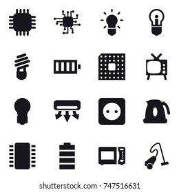 16 vector icon set : chip, bulb, battery, cpu, tv, air conditioning, power socket, kettle, vacuum cleaner