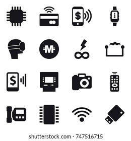 16 vector icon set : chip, tap to pay, phone pay, smartwatch, virtual mask, crypto currency, infinity power, electrostatic, mobile pay, atm, camera, remote control, intercome