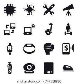 16 vector icon set : chip, pencil wrench, telescope, notebook connect, notebook wireless, segway, hoverboard, smartwatch, smart bracelet, virtual mask, mobile pay, kitchen scales, iron