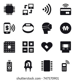 16 Vector Icon Set : Chip, Notebook Connect, Wireless, Tap To Pay, Phone Pay, Smart Bracelet, Virtual Mask, Crypto Currency, Cpu, Calculator, Atm, Remote Control