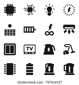 16 vector icon set : chip, bulb, lightning, sun power, battery, infinity power, air conditioning, power switch, tv, kettle, vacuum cleaner