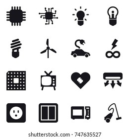 16 vector icon set : chip, bulb, windmill, electric car, infinity power, cpu, tv, air conditioning, power socket, power switch, vacuum cleaner