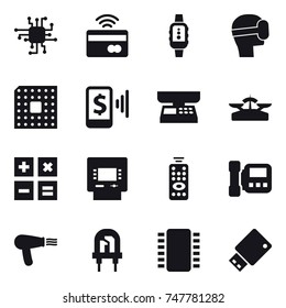 16 Vector Icon Set : Chip, Tap To Pay, Smartwatch, Virtual Mask, Cpu, Mobile Pay, Market Scales, Scales, Calculator, Atm, Remote Control, Intercome, Hair Dryer