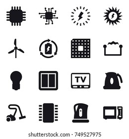 16 vector icon set : chip, lightning, sun power, windmill, battery charge, cpu, electrostatic, bulb, power switch, tv, kettle, vacuum cleaner