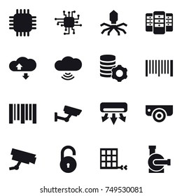 16 vector icon set : chip, virus, server, cloude service, cloud wireless, virtual mining, barcode, surveillance, air conditioning, surveillance camera, water pump