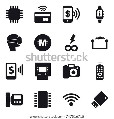 16 vector icon set : chip, tap to pay, phone pay, smartwatch, virtual mask, crypto currency, infinity power, electrostatic, mobile pay, atm, camera, remote control, intercome