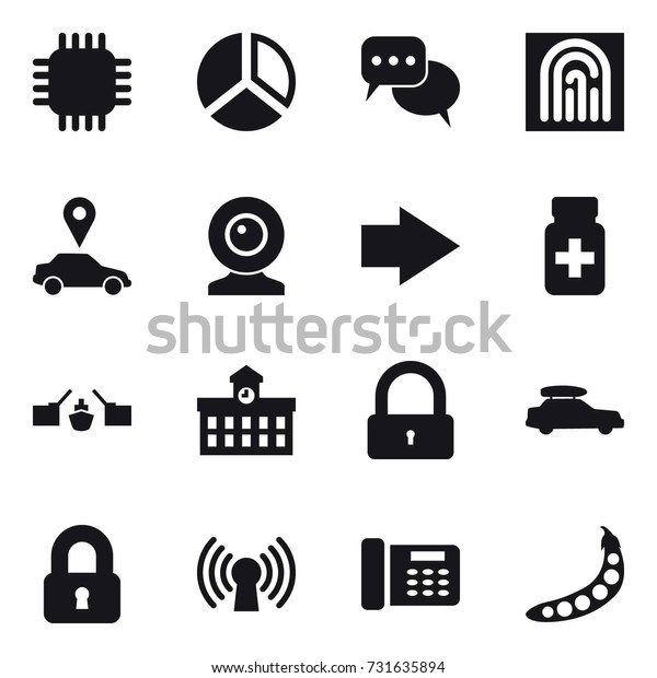 16 vector icon set : chip, diagram,\
discussion, fingerprint, car pointer, web cam, right arrow,\
drawbridge, university, lock, car baggage, locked,\
peas