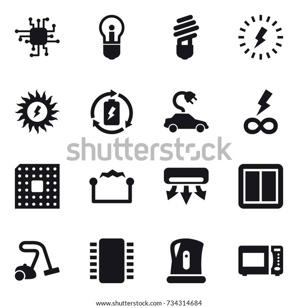 16 vector icon set :\
chip, bulb, lightning, sun power, battery charge, electric car,\
infinity power, cpu, electrostatic, air conditioning, power switch,\
vacuum cleaner, kettle