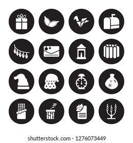 16 vector icon set : Christmas present, card, Chimney, christmas chocolate, Bag, candelabra, Lights isolated on black background