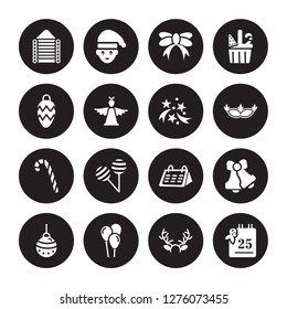 16 vector icon set : christmas Cabin, Antlers, Balloons, Bauble, Bells, 25-Dec, Christmas ball, Candy canes, Celebration isolated on black background