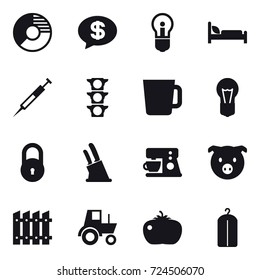 16 vector icon set : circle diagram, money message, bulb, cup, knife holder, pig, fence, tractor, tomato, dry wash