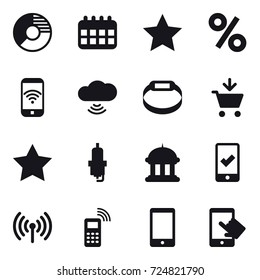 16 vector icon set : circle diagram, calendar, star, percent, phone wireless, cloud wireless, smart bracelet, add to cart, spark plug, goverment house, mobile checking, wireless