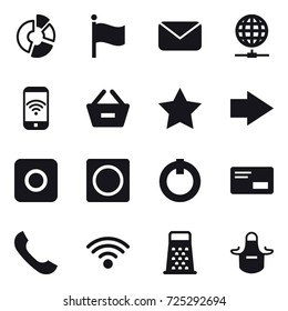 16 vector icon set : circle diagram, flag, mail, globe connect, phone wireless, remove from basket, star, right arrow, ring button, apron