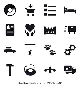 16 vector icon set : circle diagram, add to cart, list, gothic architecture, car baggage, corkscrew, pets, soap, hard reach place cleaning, home call cleaning