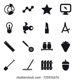 16 vector icon set : circle diagram, graph, star, monitor arrow, bulb, satellite, lipstick, draw compass, ruler, skimmer, berry, shovel, rake, fence, acorn