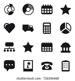 16 vector icon set : circle diagram, calendar, star, heart, truck, calculator, diagram, structure, goverment house, photo, phone, clipboard list