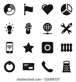 16 vector icon set : circle diagram, flag, heart, diagram, bulb, globe connect, pencil wrench, phone wireless, star, ring button, radiator