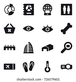 16 vector icon set : circle diagram, annual report, notebook globe, wc, delete cart, bridge, skyscraper, warehouse, ticket, flip-flops, thermometer