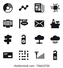 16 vector icon set : circle diagram, graph, newspaper, chip, server, shop signboard, mail, reception, signpost, do not distrub