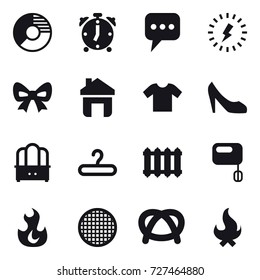16 vector icon set : circle diagram, alarm clock, message, lightning, bow, home, t-shirt, shoes, dresser, hanger, radiator, fire