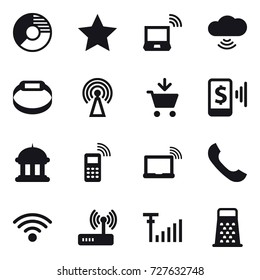 16 vector icon set : circle diagram, star, notebook wireless, cloud wireless, smart bracelet, antenna, add to cart, mobile pay, goverment house
