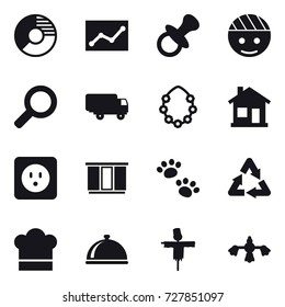 16 vector icon set : circle diagram, statistic, nipple, hawaiian wreath, home, power socket, wardrobe, pets, cook hat, scarecrow, hard reach place cleaning