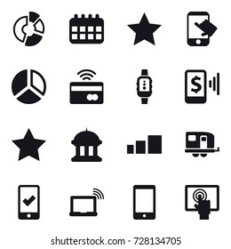 16 vector icon set : circle diagram, calendar, star, touch, diagram, tap to pay, smartwatch, mobile pay, goverment house, trailer, mobile checking