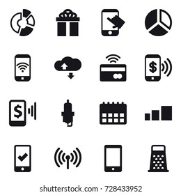16 vector icon set : circle diagram, gift, touch, diagram, phone wireless, cloude service, tap to pay, phone pay, mobile pay, spark plug, mobile checking, wireless