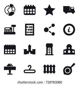 16 vector icon set : circle diagram, calendar, star, truck, cashbox, abacus, molecule, info, castle, building, mansion, restaurant, hanger, radiator, pan