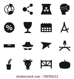 16 vector icon set : circle diagram, molecule, nuclear power, virtual mask, percent, wineglass, draw compass, level, deltaplane, seedling, cow, farm fence, pumpkin