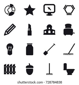 16 vector icon set : circle diagram, star, monitor arrow, hex molecule, pencil, lipstick, mansion, toaster, shovel, rake, fence, acorn, toilet