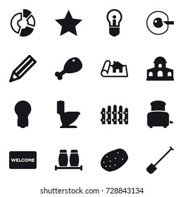 16 vector icon set : circle diagram, star, bulb, cell corection, pencil, chicken leg, project, mansion, toilet, fence, toaster, welcome mat, shovel