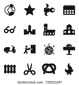 16 vector icon set : circle diagram, star, satellite, castle, mansion, disco ball, restaurant, radiator, scissors, fire