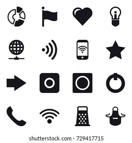 16 vector icon set : circle diagram, flag, heart, bulb, globe connect, wireless, phone wireless, star, right arrow, ring button, apron