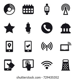 16 vector icon set : circle diagram, calendar, smartwatch, antenna, star, spark plug, phone, goverment house, mobile checking, wireless