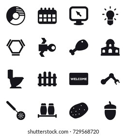16 vector icon set : circle diagram, calendar, monitor arrow, bulb, hex molecule, satellite, chicken leg, mansion, toilet, fence, welcome mat, skimmer, acorn