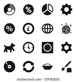 16 vector icon set : circle diagram, percent, diagram, gear, info, globe, disco ball, dog, watch, ring button, reload, foam basin, toilet brush