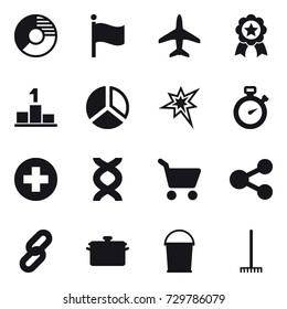 16 vector icon set : circle diagram, flag, plane, medal, pedestal, diagram, bang, stopwatch, cart, pan, bucket, rake