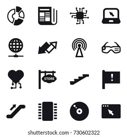 16 vector icon set : circle diagram, newspaper, chip, notebook, globe connect, up down arrow, antenna, smart glasses, cardio chip, store signboard, stairs, escalator