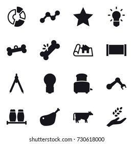 16 vector icon set : circle diagram, graph, star, bulb, bone, project, fence, drawing compass, toaster, cow, harvest