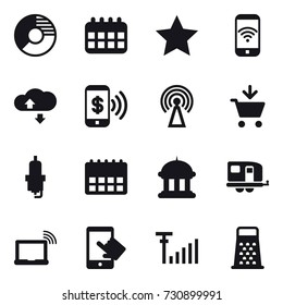 16 vector icon set : circle diagram, calendar, star, phone wireless, cloude service, phone pay, antenna, add to cart, spark plug, goverment house, trailer
