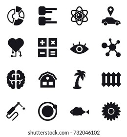 16 vector icon set : circle diagram, diagram, atom, car pointer, cardio chip, calculator, house, palm, radiator, flower
