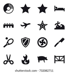 16 vector icon set : circle diagram, star, bridge, starfish, surfer, tennis, shield, cooler fan, chef knife, scissors, pig, farm fence